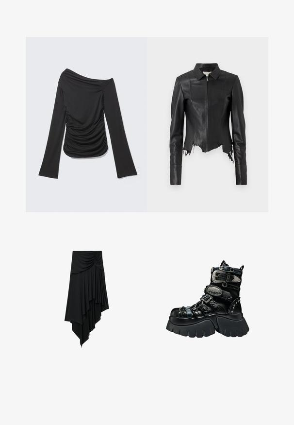 Veste en cuir noire courte avec un col, fermeture éclair à l'avant et une poche poitrine unique ; présente un ourlet effiloché et des détails de couture. Texture lisse.; Haut noir à manches longues avec un décolleté asymétrique épaule dénudée et des fronces sur les côtés et à l'avant.; Jupe asymétrique noire avec un détail froncé à la taille et un tissu drapé en couches créant un ourlet en cascade.; Botte plateforme noire avec semelle épaisse, multiples brides texturées, boucles argentées, accents métalliques décoratifs et détails cloutés.