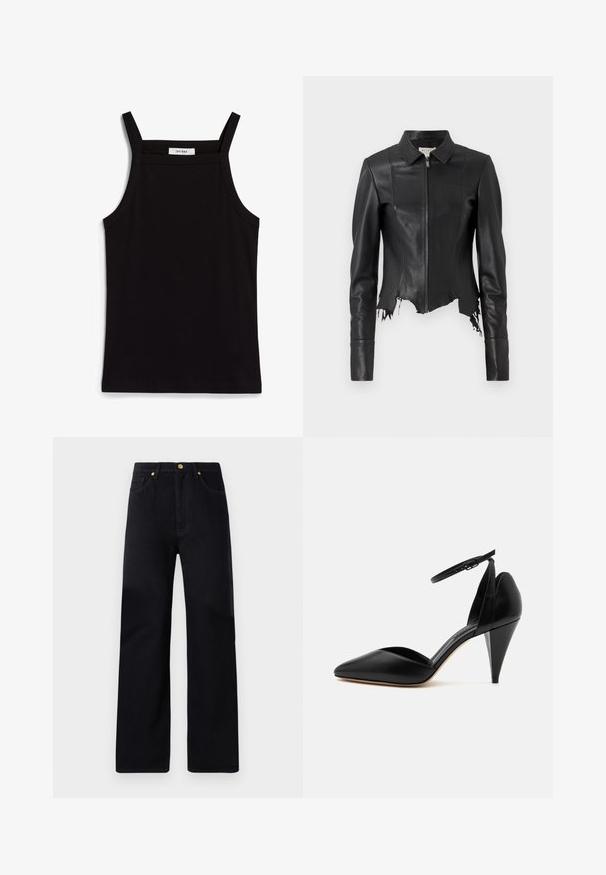 Veste en cuir noire courte avec un col, fermeture éclair à l'avant et une poche poitrine unique ; présente un ourlet effiloché et des détails de couture. Texture lisse.; Débardeur noir à fines bretelles, en tissu côtelé, avec une coupe droite et une étiquette au niveau du col indiquant "IVY OAK."; Pantalons en denim noir avec une coupe droite, dotés d'une taille haute, de cinq poches, de quincaillerie dorée et de détails de couture subtils.; Escarpin en cuir noir à bout pointu avec bride à la cheville et talon conique sur fond blanc.