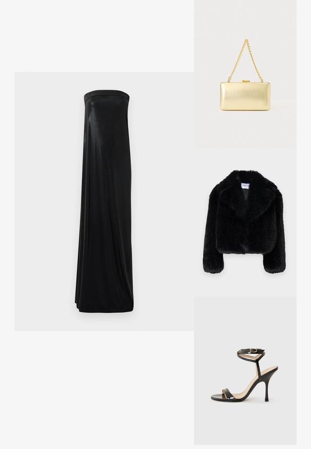 Veste courte en fausse fourrure noire avec col à revers, manches longues et finition douce et texturée. Étiquette avec "STAND ST."; Robe maxi noire sans bretelles en tissu lisse et brillant. Présente un corsage ajusté et une silhouette fluide, atteignant le sol sans embellissements.; Sandale à talons hauts en cuir verni noir avec une fine bride de cheville et une boucle, orteil ouvert et talon aiguille mince sur fond blanc.; Pochette rectangulaire dorée à finition brillante, fermoir en métal et courte anse en chaîne dorée sur un fond uni clair.