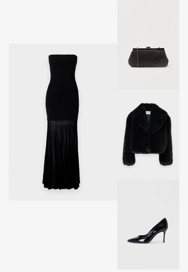 Veste courte en fausse fourrure noire avec col à revers, manches longues et finition douce et texturée. Étiquette avec "STAND ST."; Robe noire sans bretelles avec un corsage ajusté et une jupe plissée fluide. Fabriquée dans un tissu lisse, la partie inférieure présente des plis verticaux.; Escarpin en cuir verni noir avec un bout pointu et un talon aiguille délicat. Texture lisse avec un fini brillant et un design minimaliste.; Pochette noire en mesh avec une silhouette structurée, ornée de petits clous métalliques, dotée d'une fermeture à clip et d'une bandoulière en chaîne détachable.