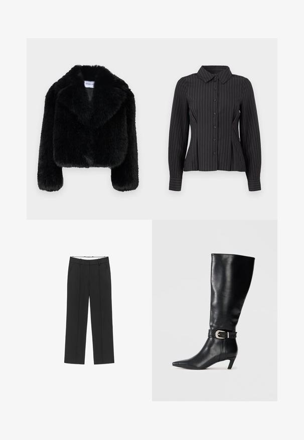 Zwarte cropped jas van nepbont met een notched kraag, lange mouwen en een zachte, getextureerde afwerking. Gelabeld met "STAND ST."; Zwarte blouse met lange mouwen en witte verticale krijtstrepen, knoopsluiting aan de voorkant, puntige kraag en geplooide taille voor een getailleerde pasvorm.; Zwarte wijde broek met een vlak voorpand, twee zijzakken en riemlussen. Gemaakt van een gladde, lichte stof.; Zwarte leren kniehoge laars met een spitse neus en een lage kittenheel, voorzien van een decoratieve zilveren gesp bij de enkel. Gladde textuur.