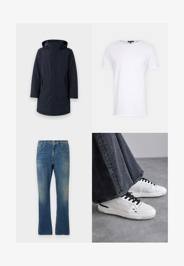 Lange donkerblauwe gewatteerde winterjas met capuchon, vooraan met rits en bedekte sluiting, twee schuine zijzakken en lange mouwen.; Witte katoenen t-shirt met een ronde halslijn, korte mouwen en een rechte snit. Heeft een eenvoudige, gladde textuur zonder aanvullende patronen.; Blauwe vervaagde rechtgesneden spijkerbroek met knoop- en ritssluiting, voor- en achterzakken, afgebeeld tegen een witte achtergrond.; Witte sneakers met zwarte veters en mesh-details. Beschikt over een gladde leren bovenkant en een gestructureerde rubberen zool. Gepaard met brede grijze jeans.