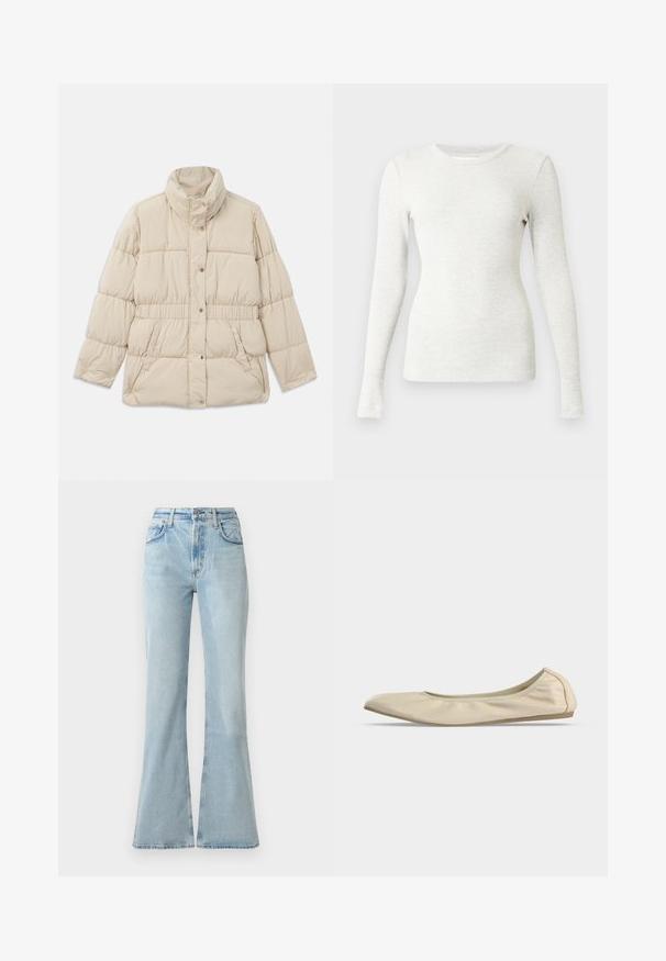 Beige polstret jakke med høj krave, trykknaplukning, elastisk talje og to sidelommer. Glat tekstur med quiltet design.; Langærmet, lysegrå ribbet trøje med rund halsudskæring og tætsiddende silhuet, lavet af blødt, elastisk stof. Ingen mønstre eller detaljer.; Lys blå denim flare jeans med høj talje, der har forlommer, knaplukning og en let slidt tekstur.; Beige blødt læder balletsko med rundet tå, lavt snit i siden og tynd gummisål på en ensartet hvid baggrund.