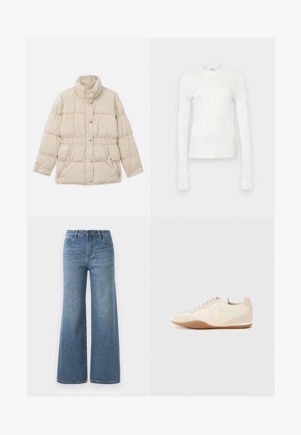 Chaqueta acolchada beige con cuello alto, cierre de botones a presión, cinturilla elástica y dos bolsillos laterales. Textura suave con diseño acolchado.; Camiseta blanca de manga larga hecha de algodón suave. Presenta un escote redondo, silueta ajustada y textura suave. Sin patrones ni acentos.; Vaqueros de mezclilla anchos de color azul claro con una cintura alta, cierre de botón y cremallera, y bolsillos frontales.; Zapatillas deportivas color beige claro con parte superior de cuero texturizado, paneles laterales texturizados y suela de goma. Presentan un diseño elegante y estilizado con cordones planos.