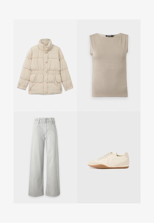 Veste matelassée beige avec un col montant, fermeture à boutons-pression, ceinture élastique et deux poches latérales. Texture lisse avec un design matelassé.; Haut beige en coton sans manches avec larges bretelles et col rond, taille moyenne, posé à plat sur fond blanc.; Jean gris clair taille haute à jambes larges, avec poches avant, passants de ceinture et ceinture en tissu assortie avec boucle.; Baskets beige clair avec une tige en cuir texturé, des panneaux latéraux texturés et une semelle en caoutchouc. Dotées d'un design fin et épuré ainsi que de lacets plats.