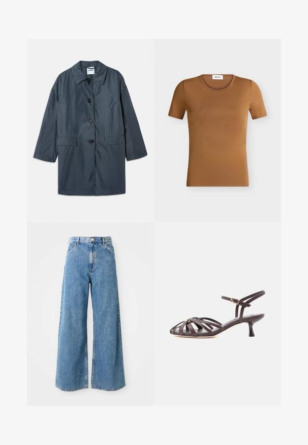 Mørkegrå, letvægtsfrakke med krave, fire frontknapper og sidelommer. Glat stof og afslappet pasform med sænkede skuldre.; Enkelt brun t-shirt med korte ærmer og rund hals, vist fladt på en lys baggrund, med Modström-mærke inde i kraven.; Højtaljede lyseblå brede denim jeans med frontknap, lynlås og forlommer på en hvid baggrund.; Mørkebrun læder sandal med smalle remme, kitten heel og justerbar ankelrem med spænde på hvid baggrund.