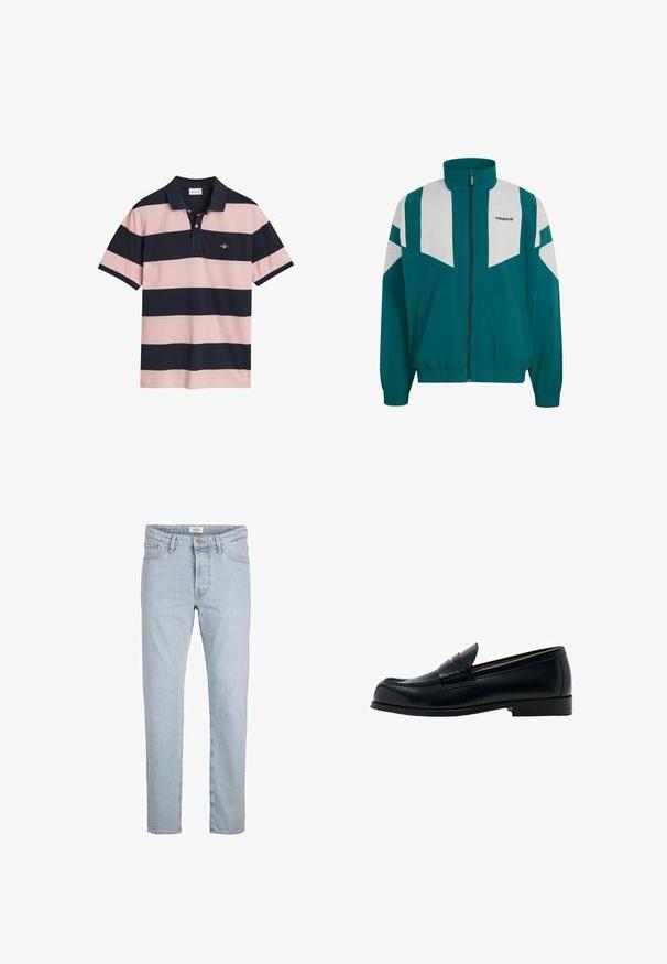 Turkis og hvid Adidas lynlås-trøje med høj krave, elastiske manchetter og kant samt Adidas-logo på venstre bryst.; Polo skjorte med marineblå og lyserøde vandrette striber, krave, to-knaps placket og et lille broderet logo på brystet.; Lys blå denimjeans med lige pasform, der har en frontknaplukning, fem lommer og en diskret falmet tekstur.; Sort læderloafer med rundet tå og dekorative syninger. Har en lav hæl og glat overflade. Simpelt, klassisk design.