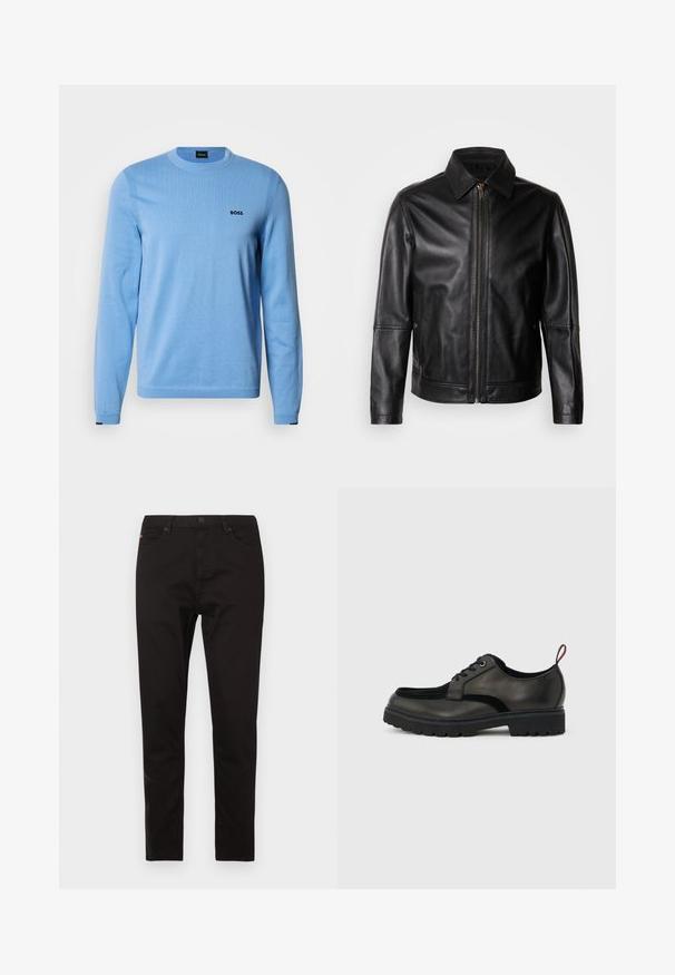 Veste en cuir noire avec col pointu, fermeture éclair frontale et poches latérales. Présente une texture lisse et une coupe ajustée.; Pull bleu clair en tissu tricoté doux, avec un col rond, des manches longues et un petit logo noir sur la poitrine.; Pantalon noir en tissu mélange de coton. Coupe slim avec design à cinq poches, doté d'une fermeture à bouton et zip sur le devant.; Chaussure noire en cuir à lacets avec semelle épaisse crantée et languette rouge à l'arrière, vue de profil sur un fond gris clair.