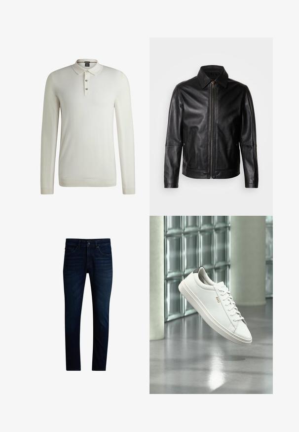 Zwarte leren jas met een puntige kraag, ritssluiting aan de voorkant en zijzakken. Heeft een gladde textuur en een getailleerde pasvorm.; BOSS LANCIONE - Trui - open white eleven; Donkerblauwe slimfit jeans met een knoop- en ritsluiting aan de voorkant, vijfzakkenmodel en lichte vervaging op de dijen.; Witte leren lage sneaker met veters, zwarte hielstrook en "BOSS"-logo, zwevend binnenshuis bij een glazen stenen muur en gepolijste vloer.