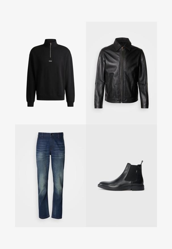 Schwarze Lederjacke mit spitzem Kragen, vorderem Reißverschluss und seitlichen Taschen. Verfügt über eine glatte Textur und eine taillierte Passform.; Schwarzer Pullover mit hohem Kragen, Frontreißverschluss und dezentem Logo. Aus weichem Stoff gefertigt, mit gerippten Bündchen und Saum.; Dunkelblaue Jeans aus Denim mit geradem Bein, vorne mit Ausbleichungen, Knopfleiste und dem klassischen Fünf-Taschen-Design.; Schwarze Leder Chelsea-Boots mit elastischen seitlichen Einsätzen, einer Zugschlaufe und einer flachen Gummisohle. Glatte Textur mit minimaler Ausgestaltung.