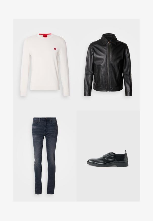 Veste en cuir noire avec col pointu, fermeture éclair frontale et poches latérales. Présente une texture lisse et une coupe ajustée.; Pull en col rond blanc avec des manches longues, fabriqué en tissu doux. Il présente un petit patch logo rouge sur la poitrine et une étiquette rouge contrastante sur le col.; Jean en denim délavé foncé avec une coupe slim, doté d'une fermeture à boutons, de cinq poches, et d'un délavage subtil. Design à jambes droites avec une texture lisse.; Chaussure habillée en cuir noir brillant avec un petit talon, fermeture à lacets et bout rond, vue de côté sur un fond uni et clair.