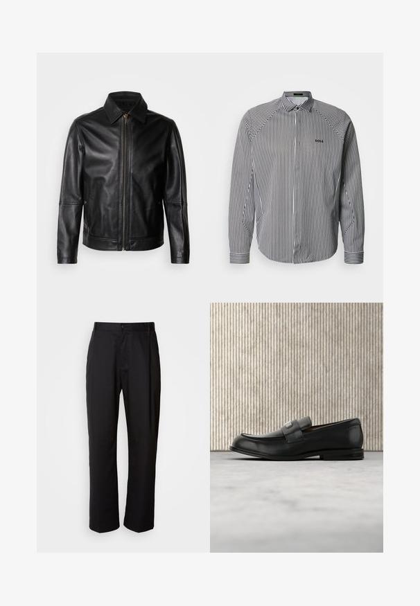 Schwarze Lederjacke mit spitzem Kragen, vorderem Reißverschluss und seitlichen Taschen. Verfügt über eine glatte Textur und eine taillierte Passform.; Gestreiftes Hemd mit Knöpfen in Schwarz und Weiß, mit klassischem Kragen, langen Ärmeln und dezentem Logo-Stickerei auf der Brust.; Schwarze Hosen mit geradem Schnitt, aus leichtem Stoff gefertigt. Verfügt über einen vorderen Knopfverschluss und zwei seitliche Taschen; glatte Textur.; Schwarzer Lederloafer mit einer Metallmarkenplatte, der nahe einem braunen runden Tisch auf beigem Teppichboden ruht.