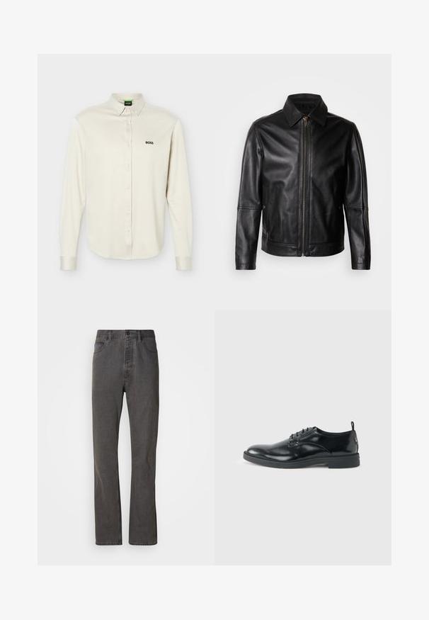 Veste en cuir noire avec col pointu, fermeture éclair frontale et poches latérales. Présente une texture lisse et une coupe ajustée.; Chemise blanche à manches longues avec col, logo noir "BOSS" sur le côté gauche de la poitrine, et poignets à boutons, présentée sur un fond uni.; Jeans en denim gris avec une coupe droite, dotés de poches avant, d'une fermeture à bouton et d'une texture subtile.; Chaussure habillée en cuir noir brillant avec un petit talon, fermeture à lacets et bout rond, vue de côté sur un fond uni et clair.
