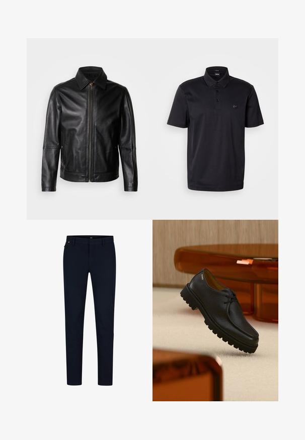 Sort læderjakke med spidse krave, lynlås foran og sidelommer. Har en glat tekstur og skræddersyet pasform.; Sort polo-shirt lavet af glat stof, med en klassisk krave, tre-knaps åbning og en lille logo på brystet. Korte ærmer.; Marinebukser lavet af glat stof, med en slim fit, bæltestropper og en skjult lynlås. Ingen bemærkelsesværdige mønstre eller accenter.; Sort tekstureret lædersko med snørebånd og tyk rillet sål, mærket "HUGO" nær hælen, vist mod et beige tæppe og ravfarvet møbel.