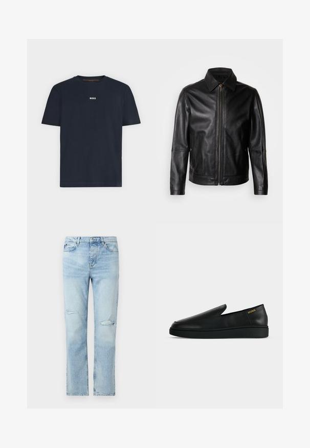 Chaqueta de cuero negro con cuello puntiagudo, cierre frontal con cremallera y bolsillos laterales. Presenta una textura suave y un ajuste entallado.; Camiseta azul marino de manga corta y cuello redondo con pequeño logo blanco "BOSS" centrado en el pecho.; Vaqueros de mezclilla azul claro con corte recto, cierre de botones, bolsillos delanteros y pequeños desgastes en ambos muslos.; Zapato negro de cuero sin cordones con suela gruesa y marca "HUGO" en dorado cerca del talón sobre un fondo liso gris claro.