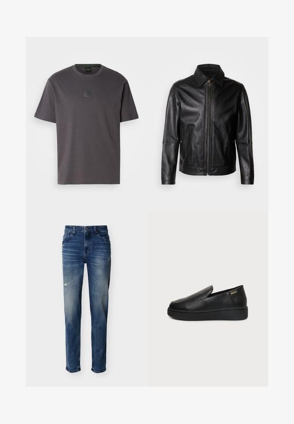 Chaqueta de cuero negro con cuello puntiagudo, cierre frontal con cremallera y bolsillos laterales. Presenta una textura suave y un ajuste entallado.; Camiseta de algodón gris con mangas cortas y escote redondo. Presenta un logo hexagonal texturizado en el pecho. Diseño simple y casual.; Pantalones vaqueros de mezclilla azul con leve desgaste y áreas desgatadas, estilo de cinco bolsillos, corte recto, cierre de botón y cremallera.; Zapato de cuero negro tipo slip-on con suela gruesa y pequeños orificios de ventilación laterales, con el logo dorado de "HUGO" cerca del talón.