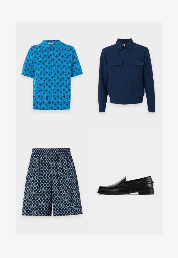 Marineblaue Reißverschlussjacke mit Kragen, zwei vorderen Klappentaschen, langen Ärmeln und elastischem Bund vor einfarbigem Hintergrund.; Kurzarmhemd aus blauer Stoff mit einem geometrischen Muster aus ineinander verschlungenen Linien, mit einem Kragen und einer Druckknopfleiste auf der Vorderseite.; Marineblaue Shorts mit hellblauem geometrischem Schlaufenmuster, elastischem Taillenbund und kleinem "Sandro Paris"-Logo in der Nähe des Saums am rechten Bein.; Schwarzer Leder-Slipper mit geflochtenen Details an den Seiten und niedrigem Absatz auf weißem Hintergrund.