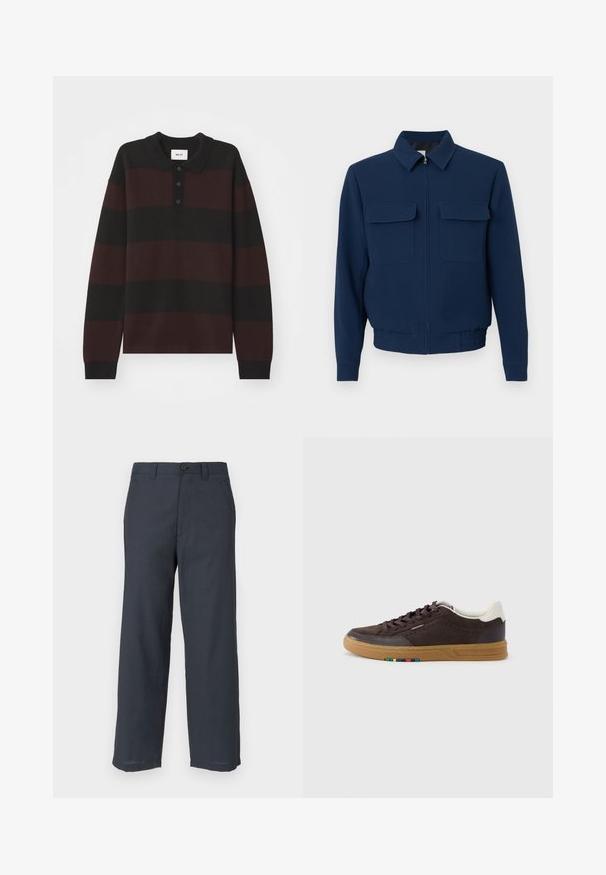 Marineblå lynlåstrøje med krave, to forlommer med klap, lange ærmer og elastisk talje på en ensfarvet baggrund.; NN.07 RUGBY - Langærmet T-shirt - black; Marineblå bukser lavet af glat stof, med en lige ben-snit, to forlommer og en enkelt knaplukning.; Mørkebrun ruskindssneaker med rågummisål, hvid hælflig, snørelukning og lille multicolor detalje på siden af sålen.