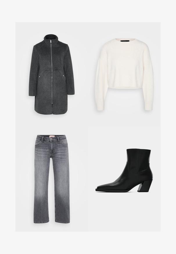 Donkergrijze wolmixjas met hoge kraag, rits aan de voorkant en twee zijzakken met zilverkleurige accenten. RechteSilhouet, knielengte.; Witte cropped sweater gemaakt van zacht materiaal, met een ronde halslijn en lange, licht oversized mouwen met ribgebreide manchetten.; Grijze denim jeans met een recht gesneden ontwerp, vijf zakken stijl, subtiele vervaging en een knoopsluiting in de taille.; Zwarte leren enkelboot met een spitse neus, een slanke silhoeet en een chunky vierkante hak. Gladde textuur met minimale stikdetails.