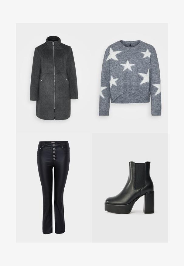 Manteau en mélange de laine gris foncé avec col montant, fermeture éclair à l'avant et deux poches latérales avec accents en argent. Silhouette droite, longueur genou.; Pull en tricot gris avec un col rond, présentant des motifs d'étoiles blanches, et une coupe cropped. La texture semble douce et duveteuse.; Jean évasé noir au design élégant, fabriqué à partir d'un matériau lisse. Comprend cinq fermetures à boutons argentés et des poches à l'avant.; Bottine noire en cuir avec un talon large, panneaux élastiques sur les côtés et une texture lisse. Dispose d'une semelle plateforme pour plus de hauteur.
