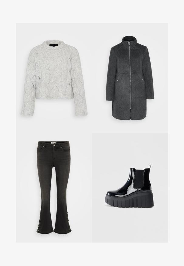 Manteau en mélange de laine gris foncé avec col montant, fermeture éclair à l'avant et deux poches latérales avec accents en argent. Silhouette droite, longueur genou.; Pull en tricot gris avec un col rond, présentant un motif en cable ondulé et des manches longues amples. Matière douce et texturée.; Jean flare noir en denim, avec des accents de boutons métalliques sur le bas et un design classique à cinq poches.; Bottine en cuir verni noir avec des panneaux latéraux élastiques, semelle plateforme épaisse et une languette de tirage à l'arrière. Texture lisse et design élégant.