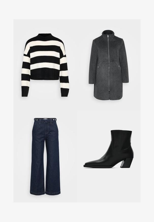 Manteau en mélange de laine gris foncé avec col montant, fermeture éclair à l'avant et deux poches latérales avec accents en argent. Silhouette droite, longueur genou.; Pull cropped à manches longues noir et blanc à rayures horizontales, avec un col montant côtelé et des poignets, présenté sur un fond clair.; Gina Tricot Petite Wide Leg - rinse; Bottine en cuir noir avec un bout pointu, une silhouette élégante et un talon carré massif. Texture lisse avec des détails de couture minimalistes.