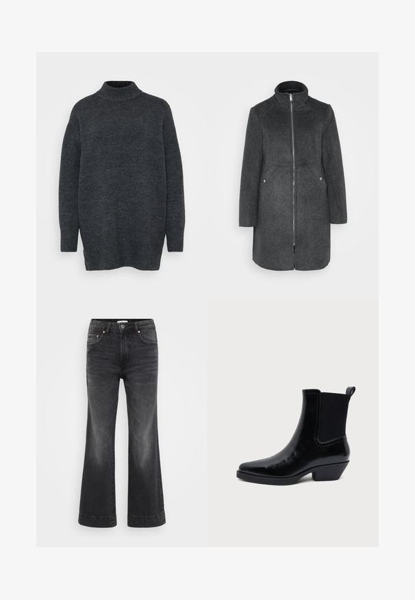 Manteau en mélange de laine gris foncé avec col montant, fermeture éclair à l'avant et deux poches latérales avec accents en argent. Silhouette droite, longueur genou.; Pull en maille oversize à col roulé de couleur gris foncé. Présente des poignets et un ourlet côtelés, une texture douce, et des fentes latérales à l'ourlet pour un ajustement décontracté.; Jean large noir à taille haute, en denim. Comprend des poches avant, des rivets en cuivre et des coutures visibles le long des ourlets.; Bottine en cuir noir avec bout pointu, petit talon bloc, panneau latéral côtelé élastique et languette arrière sur fond blanc.