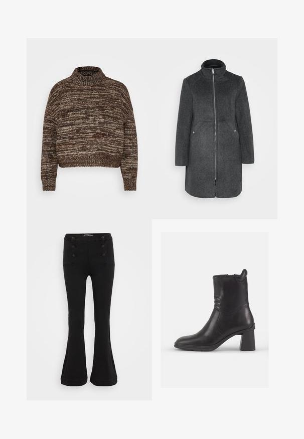 Manteau en mélange de laine gris foncé avec col montant, fermeture éclair à l'avant et deux poches latérales avec accents en argent. Silhouette droite, longueur genou.; Vero Moda Petite VMDAIMA - Pullover - chocolate torte/silver mink/gold; Pantalons évasés noirs en denim, avec une taille haute, une fermeture à cinq boutons sur le devant et deux poches avant avec couture décorative.; Bottine en cuir noir avec un bout rond, des panneaux latéraux texturés et un talon épais. Fini lisse et design minimaliste.