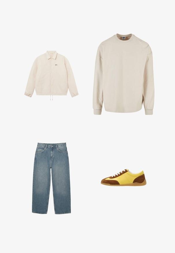 Lyse beige knapjakke med lange ærmer, snor i kanten, elastiske manchetter, to sidelommer og lille sort logo på venstre bryst.; Beige ribbet sweatshirt med lange ærmer og rund hals, med faldne skuldre og ribbede manchetter. Blød tekstur og afslappet pasform.; Blå højtaljede lige jeans med forlommer, bæltestropper, knaplukning og subtilt slid på en hvid baggrund.; Gul og brun afslappet sneaker med hvide snørebånd og en tekstureret gumisål vist i sideprofil.