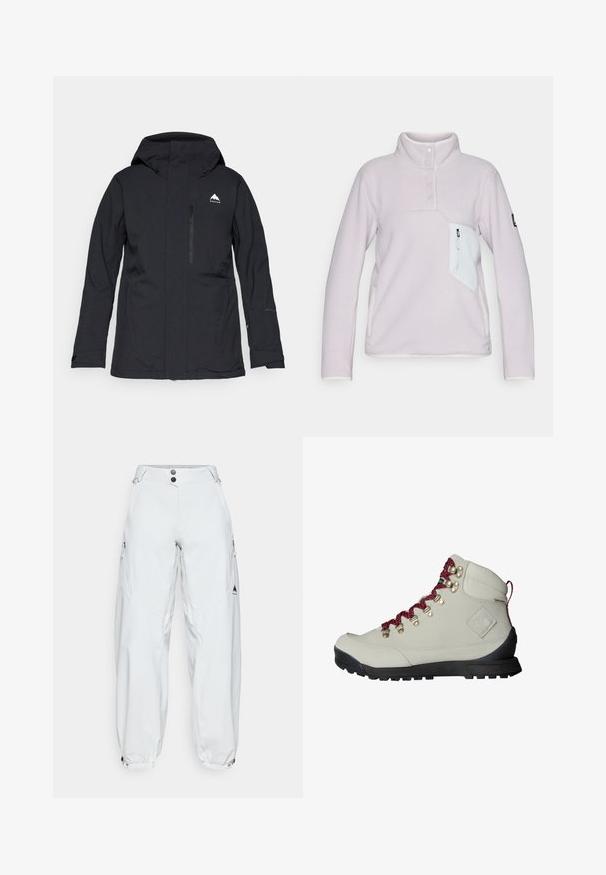 Chaqueta impermeable negra con capucha, bolsillo frontal con cremallera y puños elásticos. Presenta un logo blanco sutil en la parte superior izquierda.; Suéter de forro polar de color violeta claro con un cuello alto, tres botones frontales y un bolsillo en el pecho con cremallera blanca. Presenta un borde blanco en contraste.; Pantalones de esquí blancos, holgados y confeccionados en material impermeable, que cuentan con dos bolsillos laterales con cremallera, cierre de botón y puños elásticos.; Bota de senderismo beige con cordones rojos, ojales de metal y una superficie texturizada. Presenta una suela negra resistente y un detalle de logo distintivo en el lateral.