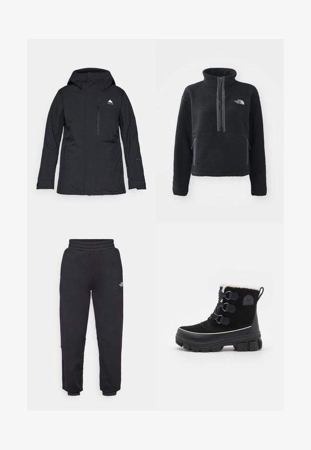 Sort vandtæt jakke med hætte, lynlåslomme foran og elastiske manchetter. Har et diskret hvidt logo på øverste venstre side.; Sort fleecepullover med høj krave, kvartlynlås, frontlomme og kontrastsyninger. Har The North Face-logo på brystet.; The North Face W MOUNTAIN ATHLETICS - Træningsbukser - black; Sorte vandtætte støvler med overdel af ruskind, for af kunstpels, tre øjer snøresystem, tyk gummisål og kontrasterende hvid trim.