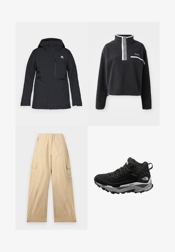 Veste imperméable noire avec capuche, poche avant zippée et poignets élastiques. Présente un logo blanc discret sur le côté supérieur gauche.; Pull en polaire noir avec un col zippé moitié, présentant une poche poitrine avant et des accents contrastés blancs et gris. Texture douce, design court.; Pantalons cargo beiges avec une coupe décontractée, dotés d'une taille à cordon de serrage, de deux poches latérales et d'un tissu lisse et léger.; Bottes de randonnée noires avec une tige texturée, une semelle intermédiaire grise et une semelle extérieure en caoutchouc présentant des motifs de traction marqués. Design à lacets avec un col rembourré.