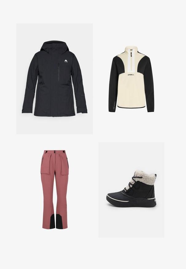 Musta vedenpitävä takki hupulla, vetoketjullinen etutasku ja joustavat hihansuut. Sisältää huomaamattoman valkoisen logon vasemmassa yläkulmassa.; Puuvillane ¼-tõmblukuga pullover koresine ja musta värvi, pehme kangaga, mustade käiste ja õlgadega, valge tõmblukk, O'Neill logo ees.; Vedenkestävät, vaaleanpunaiset hiihtohousut, joissa on suora leikkaus, laskettu etuosa, kaksi sivutaskua ja mustat yksityiskohdat nilkoissa.; Mustat nilkkurit, joissa on teksturoitu kumipohja, tekoturkiskaulus ja vastakkaiset valkoiset yksityiskohdat. Varusteena mustat nauhat ja pehmustetut sivut.