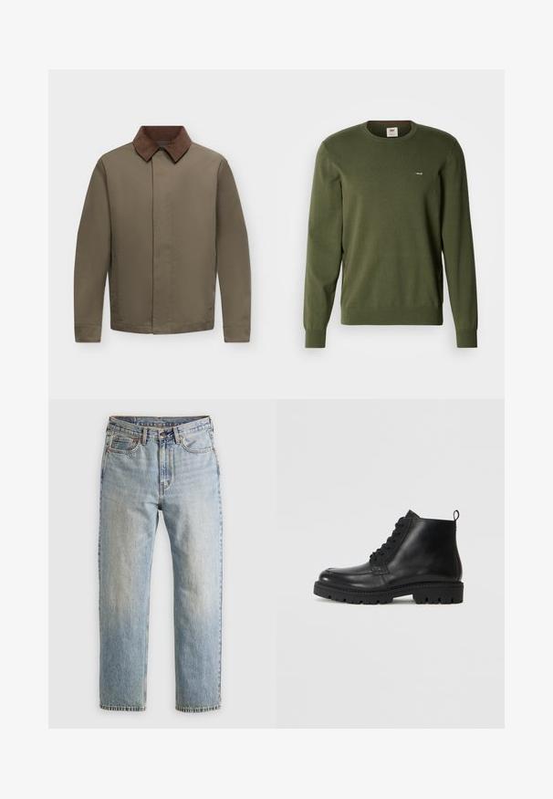 Veste homme vert olive avec col en velours côtelé marron, manches longues et fermeture frontale dissimulée sur un fond clair uni.; Pull à col rond vert olive à manches longues avec poignets et ourlet côtelés, petit logo Levi's sur la poitrine gauche.; Jean en denim bleu clair à taille haute, avec bouton avant, fermeture éclair et design à cinq poches, posé à plat sur un fond neutre.; Bottines en cuir noir à bout rond, avec des lacets à l'avant et une semelle en caoutchouc texturée. Comprend une languette à l'arrière pour un enfilage facile.