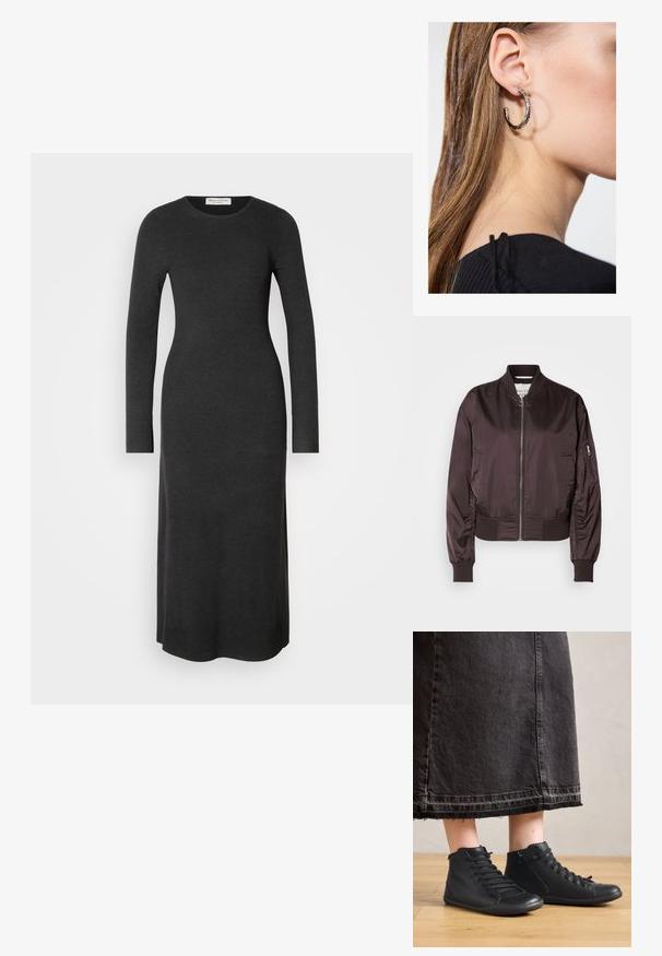 Dunkelbraune Bomberjacke aus glänzendem, glattem Material. Verfügt über einen Reißverschluss, gerippte Bündchen und eine Seitentasche mit Reißverschlussdetail.; Langärmliges, dunkelgraues Strickkleid mit taillierter Silhouette, rundem Ausschnitt und Seitenschlitzen für Bewegungsfreiheit. Angenehme, glatte Textur.; Schwarze Leder-Hochschuhe mit glatter Oberfläche, ausgestattet mit Schnürsenkeln und einem seitlichen Reißverschluss. Getragen mit einem langen schwarzen Jeansrock.; Silberne Creolen mit polierter Oberfläche, die kleine goldene Akzentdetails und eine runde Form aufweisen, am Ohrläppchen getragen.
