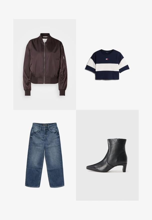 Donkerbruine bomberjack van glanzende, gladde stof. Heeft een ritssluiting, ribgebreide manchetten en een zijzak met ritssluiting.; Marineblauw cropped T-shirt met brede witte horizontale streep over borst en mouwen, met klein Tommy Jeans-logo in het midden.; Blauwe denim jeans met een losse pasvorm, voorzien van een vijf-pocket ontwerp, knoopsluiting en subtiele vervaging in de stof.; Zwarte leren enkellaars met puntige neus, middelhoge kitten heel en geperste merklogo nabij de bovenrand aan de buitenzijde.