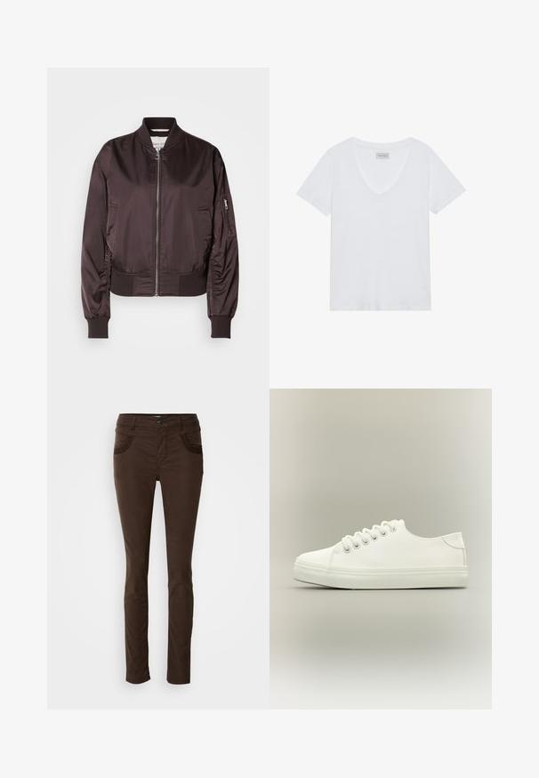 Veste bomber marron foncé en tissu brillant et lisse. Elle dispose d'une fermeture éclair, de poignets côtelés et d'une poche latérale avec un détail zippé.; T-shirt blanc à col en V avec manches courtes, fabriqué en tissu de coton doux. Design simple sans motifs ni accents, comportant une étiquette au niveau du col.; Pantalons marron ajustés en tissu mélangé coton. Présente des poches avant avec des coutures décoratives, une fermeture à bouton et une texture lisse.; Baskets basses blanches avec lacets blancs et semelle en caoutchouc, vues de côté sur un fond neutre.