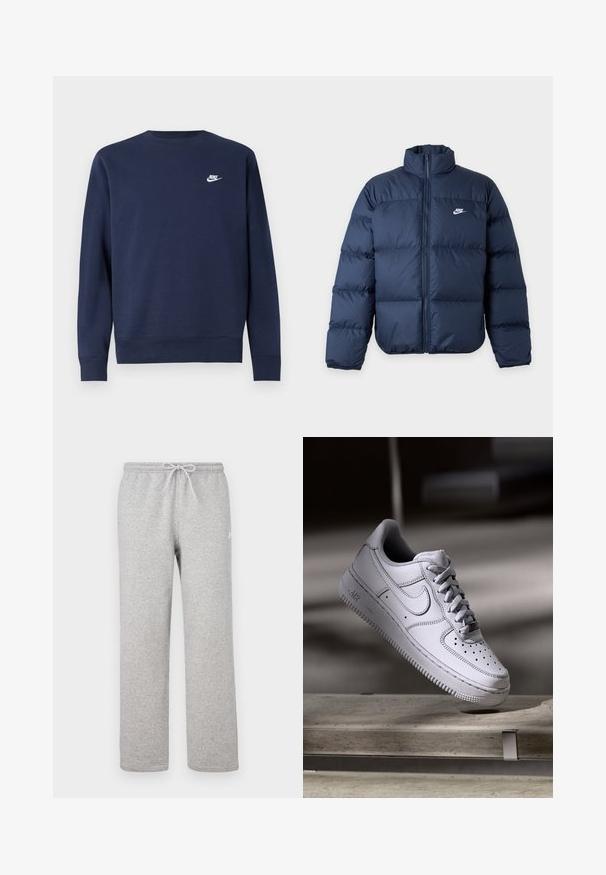 Dunkelblaue gesteppte Jacke mit durchgehendem Frontreißverschluss und Nike-Logo auf der linken Brust, mit hohem Kragen und langen Ärmeln.; Marineblauer Pullover aus weichem Stoff, mit rundem Ausschnitt und langen Ärmeln, mit kleinem weißem Nike-Logo auf der Brust.; Graue Jogginghosen mit einem elastischen Bund und Kordelzug. Hergestellt aus weichem Stoff, zeichnen sie sich durch gerade Beine und ein dezentes Logodetail aus.; Weißer Nike Air Force 1 Sneaker aus Leder mit perforierter Zehenpartie, flachen Schnürsenkeln und strukturierter Gummisohle mit "AIR"-Branding an der Seite.
