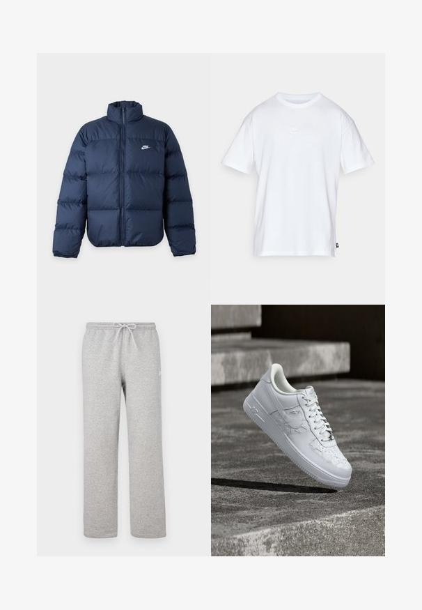 Mørkeblå polstret jakke med fuld frontlynlås og Nike-logo på venstre bryst, med høj krave og lange ærmer.; Hvid bomulds T-shirt med korte ærmer og rund hals. Har et lille, diskret Nike-logo på brystet og et sidelabel.; Grå joggingbukser med elastisk talje og snor. Fremstillet af blødt stof, de har lige ben og diskret logodetalje.; Hvid Nike Air Force 1 sneaker med prægede stjernemønstre og en metallisk stjerne snørebåndsvedhæng, der svæver over en betongulv.