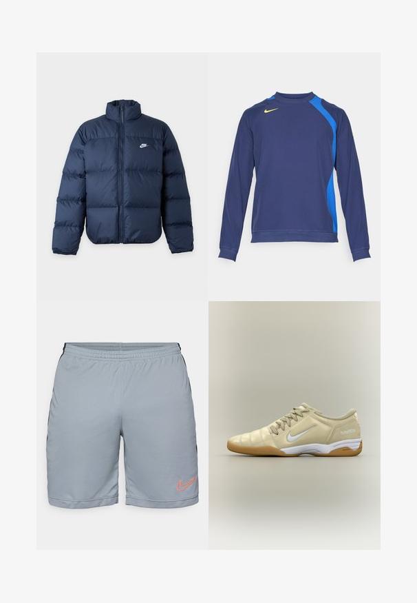 Veste matelassée bleu marine avec fermeture éclair intégrale à l'avant et logo Nike sur la poitrine gauche, avec un col montant et des manches longues.; T-shirt de sport à manches longues marine avec des panneaux latéraux bleu clair, encolure ronde et logo jaune sur la poitrine. Fabriqué en tissu lisse et extensible.; Shorts de sport gris clair avec des panneaux latéraux noirs, une taille élastique et un ourlet en maille texturée. Présente un logo Nike orange sur la jambe gauche.; Chaussure de football en salle beige avec un swoosh Nike blanc, semelle en gomme, lacets et texte "total90 III" au talon, vue de côté.