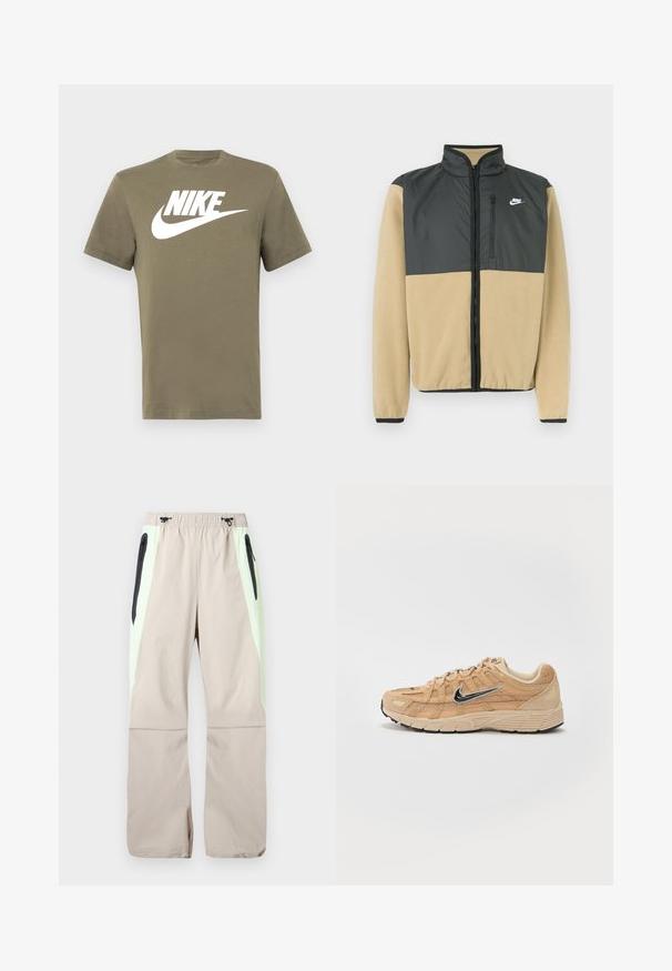 Chaqueta de forro polar de Nike con un diseño dividido, parte superior en gris carbón y parte inferior en beige, bolsillo con cremallera y cuello alto.; Camiseta de manga corta verde oliva hecha de algodón, con un logo de Nike blanco y el característico swoosh impreso en el frente. Diseño simple con cuello redondo.; Pantalones beige con paneles laterales verde claro, bolsillos en el muslo con cremallera negra y cintura elástica con cordones negros.; Zapatilla deportiva beige con materiales de malla y ante, silueta curva, suela negra, prominente logo plateado de Nike en el lateral y acentos texturizados.
