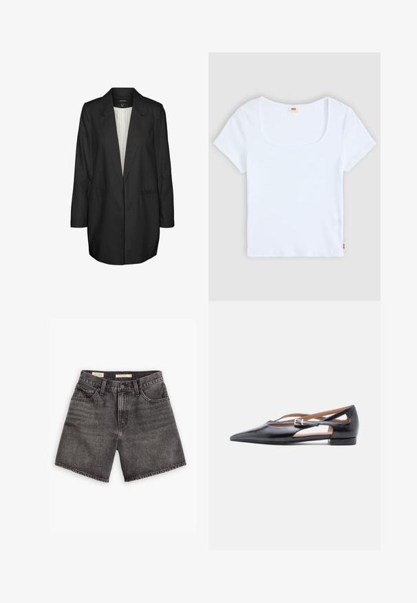Blazer noir ajusté en tissu lisse. Présente un col cranté, des manches longues et deux poches avant. Doublure intérieure en tissu léger.; Haut blanc à manches courtes avec un décolleté carré, fabriqué en tissu à texture côtelée. Présente une petite étiquette logo rouge en bas à gauche.; Shorts en jean noir à taille haute, avec deux poches avant et une fermeture à bouton. Présente une texture délavée et un ourlet net.; Chaussures plates en cuir noir avec un bout pointu, des côtés ouverts et une petite bride de cheville ornée d'une boucle argentée.