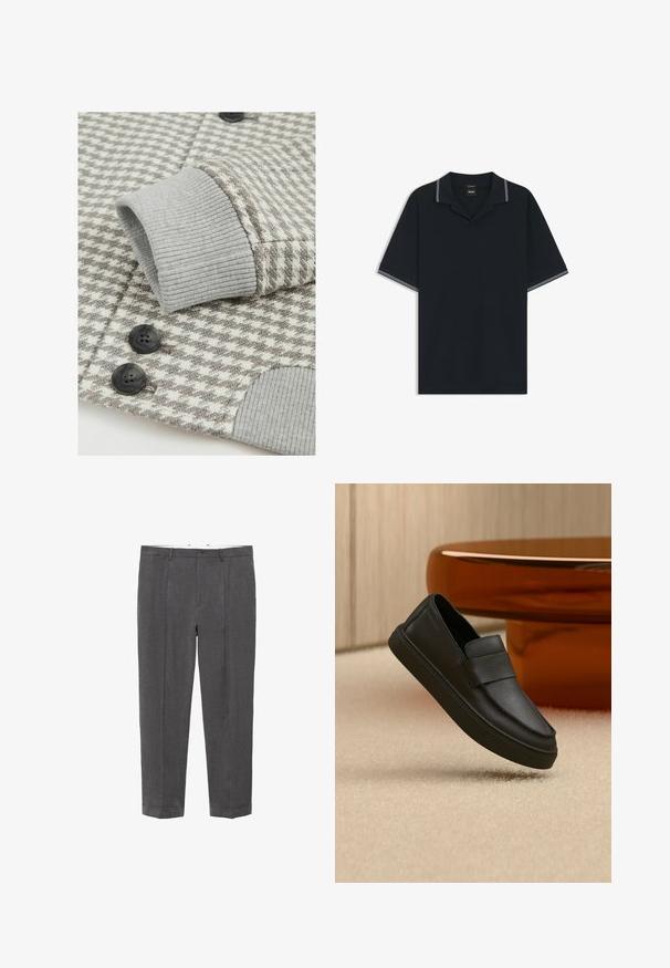 Grå og creme houndstooth-mønstret stof med ribbede mansjetter, der har to sorte knapper, detaljeret syning og teksturvariation.; Sort polo shirt med korte ærmer, åben krave og hvide dobbelte striber på kravekanter og ærmekanter.; Mørkegrå skræddersyede bukser med bæltestropper, knaplukning, forkantfold og opsmøgte kanter, vist fladt mod en hvid baggrund.; Sort lædersko med elastik over vristen, placeret på et beige tæppe og ved et brunt rundt bord.