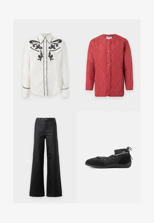 Rote gesteppte Jacke mit rundem Ausschnitt, Druckknopfverschluss, seitlichen Taschen und glatter Textur.; Weißes Baumwollhemd mit schwarzer floralem Stickerei auf der Brust, schwarzem Piping entlang des Kragens und der Manschetten sowie einer Knopfleiste.; Schwarze weit geschnittene Jeans aus glattem Denim, mit Knopfverschluss, vorderen Taschen und hohem Bund.; Schwarzer flacher Schuh mit umlaufenden Knöchelriemen und Wildlederdetails, entworfen für sicheren Halt und minimalistischen Stil.