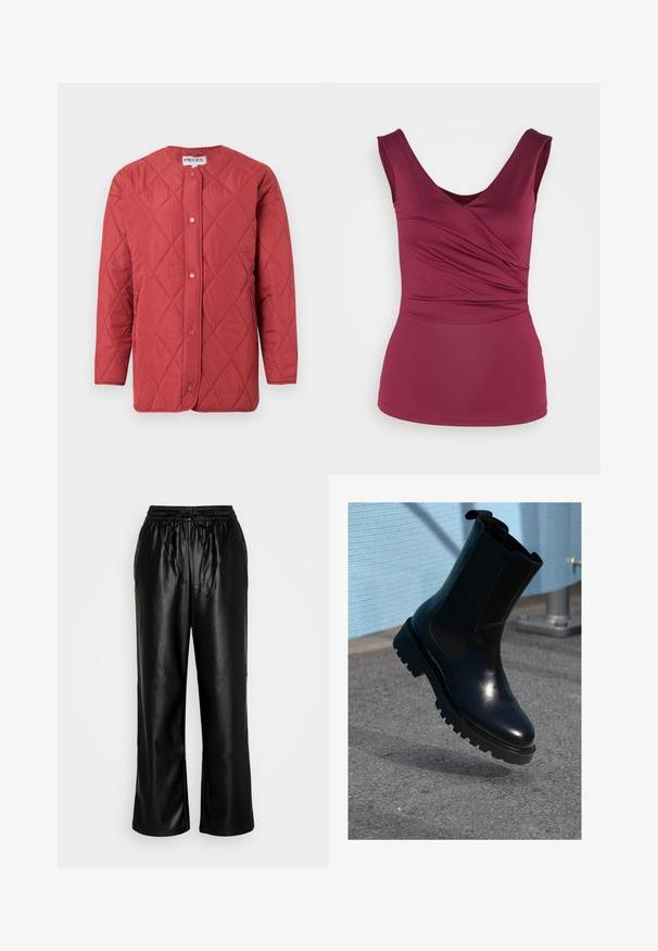 Rode doorgestikte jas met een ronde halslijn, drukknopen aan de voorkant, zijzakken en een gladde textuur.; Anna Field Top - dark red; GAP PULL ON WIDE LEG - Broek - true black; Zwarte leren enkellaars met elastische zijpanelen, een afgeronde neus en een dikke, gestructureerde zool. Gladde afwerking met een minimalistisch design.