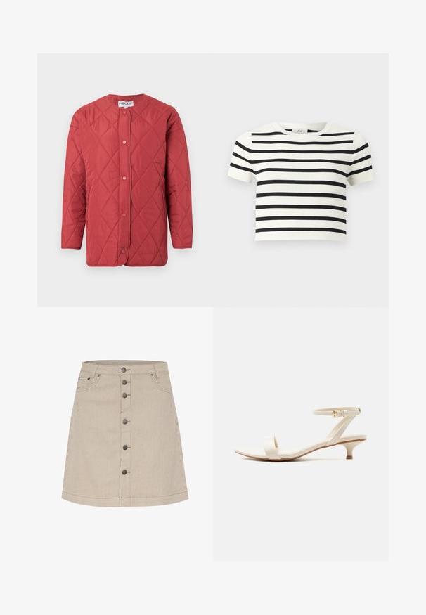 Veste matelassée rouge avec un col rond, une fermeture à boutons-pression, des poches latérales et une texture lisse.; Top court blanc à manches courtes avec des rayures noires horizontales et un col rond.; Jupe en denim rayée beige avec une forme évasée, dotée d'une fermeture à boutons à l'avant, de deux poches latérales et de détails de couture subtils.; Sandale beige à talon bas avec une bride unique pour les orteils et une bride de cheville ajustable ornée d'une petite boucle en or, sur fond blanc.