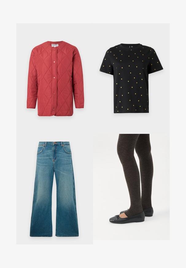 Rote gesteppte Jacke mit rundem Ausschnitt, Druckknopfverschluss, seitlichen Taschen und glatter Textur.; Schwarzes Kurzarm-T-Shirt aus Baumwolle mit kleinen goldenen Herzmotiven, die gleichmäßig über den Stoff verteilt sind. Runder Ausschnitt.; Hochtaillierte blaue Jeans aus Denim mit weitem Bein, frontalen Taschen, Knopfverschluss und einem verblassten Farbverlauf von der Taille bis zum Saum.; Beine in dunklen, gerippten Leggings kombiniert mit schwarzen Ballerinas mit kleinen Schleifendetails auf weißem Hintergrund.