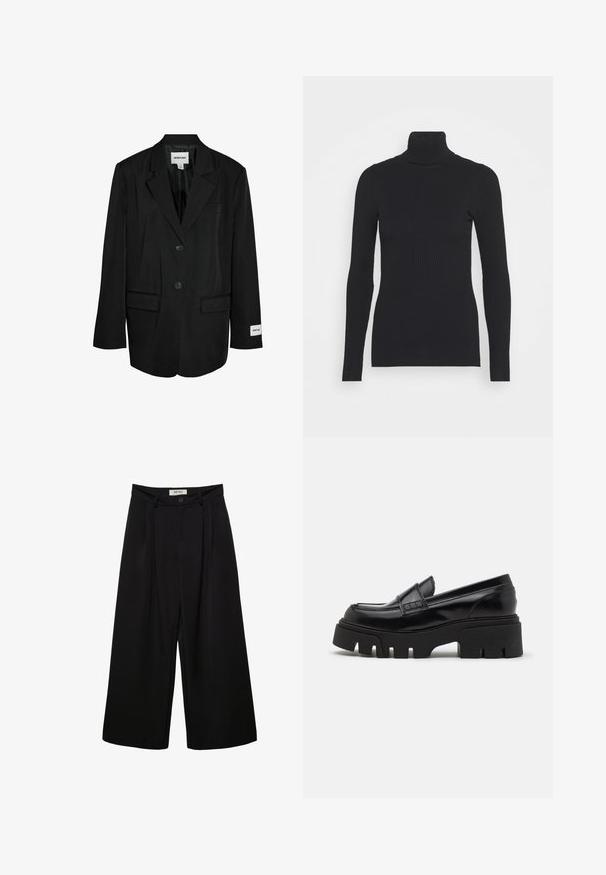 Blazer noir sur mesure avec deux boutons, revers crantés, poches à rabat et une étiquette visible "NOISY MAY" à l’intérieur du col et sur le poignet de la manche gauche.; Pull noir à col roulé côtelé, doté de longues manches et d'une silhouette près du corps. La texture est lisse avec un motif de côtes horizontal.; Pantalon noir à jambes larges avec taille haute, présentant des plis à l'avant, deux poches latérales et une fermeture par bouton. Texture de tissu lisse.; Mocassins en cuir noir avec une semelle plateforme épaisse et texturée, et une sangle décorative sur le dessus. Fini lisse et brillant.
