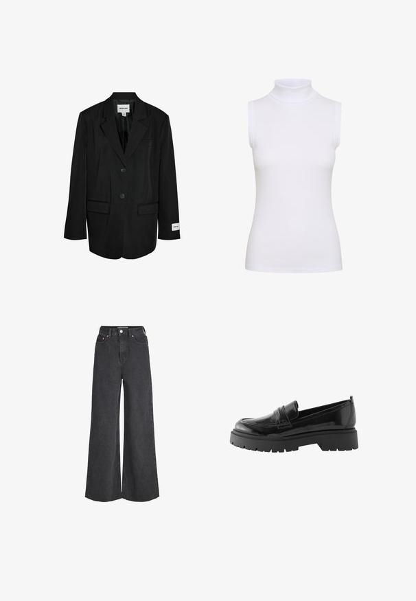 Sort skræddersyet blazer med to knapper, notch revers, klaplommer og en synlig "NOISY MAY"-label på den indvendige krave og venstre ærmekant.; Hvid ærmeløs turtleneck top i ribbet stof, med en tætsiddende design og glat tekstur, høj krave og ingen synlig hardware.; Sorte jeans med høj talje og vide ben, lukkes foran med knap og lynlås, forlommer og frynset kant.; Sorte lakerede loafers har en lav platformssål med en robust træd og en quiltet detalje over midtfoden.