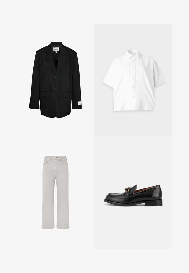 Zwarte op maat gemaakte blazer met twee knopen, inkeping revers, klepzakken en een zichtbaar "NOISY MAY" label aan de binnenkraag en linker mouwmanchet.; Wit overhemd met korte mouwen, knoopsluiting en kraag, eenvoudig ontwerp en subtiel logo op de borst, weergegeven op een lichte achtergrond.; Lichtgrijze denim jeans met een recht gesneden ontwerp, vijf zakken, rits aan de voorkant en een klassieke tailleband. Eenvoudige stikdetails.; Zwarte leren loafer met lage hak, afgeronde neus en decoratieve metalen gesp aan de voorkant.